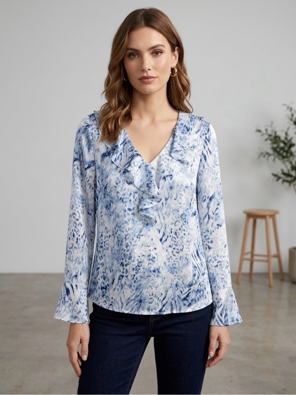 Laure Blue & White Ruffle Front V-Neck Animal Print Blouse